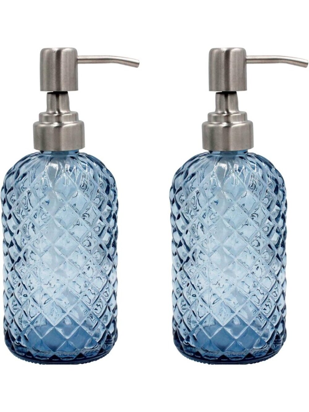 Set of 2 Blue Diamond Pattern Glass Soap Dispensers - Refillable, Rust-Resistant